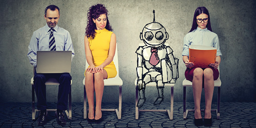 People sitting on chairs and one is an illustration of a robot