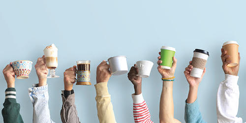 Multiple arms holding up assorted coffee mugs and cups